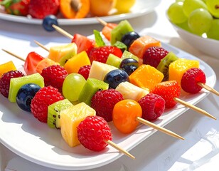 Colorful close-up of fruit skewers with diverse fresh fruit pieces on a white plate. Bright summer vibes