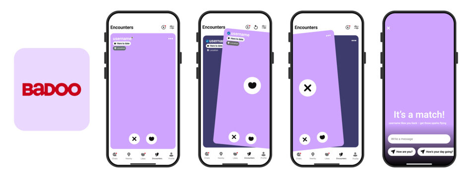 Badoo Dating App Mobile UI Screens
Badoo Match, Swipe, Chat and Encounter Interface