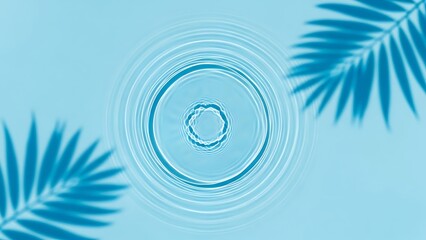 Water ripple effect with palm leaves in blue background, abstract nature scene, top view, minimalistic calm concept