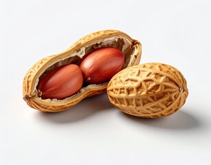 Two shelled nuts one open revealing two seeds, the other whole