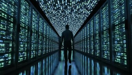Silhouette of businessman walking through dark server room aisle with glowing data racks - Powered by Adobe
