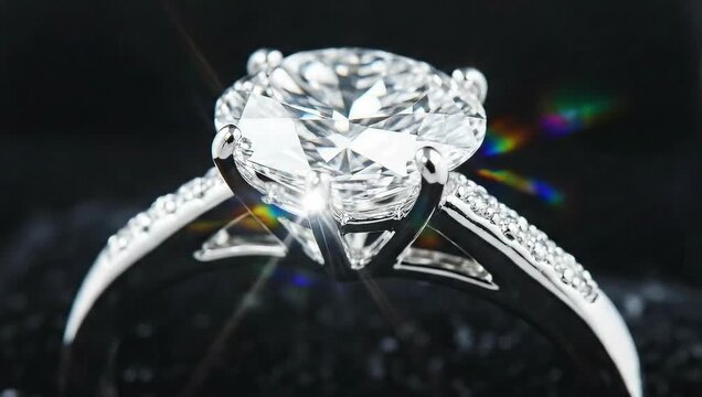 Closeup of brilliant cut diamond solitaire engagement ring with sparkle and lens flare on dark background
