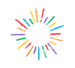 Crayon doodle confetti. Color pencil hand drawn firework symbol. Chalk color birthday firecracker confetti. Crayon graphic design circle element. Vector illustration isolated on white background.