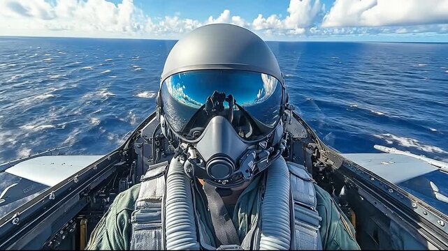A pilot inside a fighter jet soaring above the blue ocean.