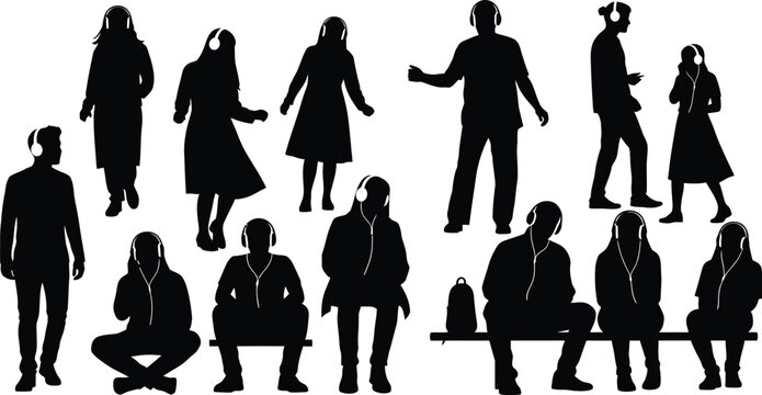 Diverse people wearing headphones silhouette collection listening to music or podcasts in various standing and sitting poses