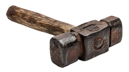 Antique metal hammer with weathered wooden handle