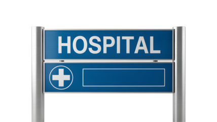 A hospital sign with a blue background and white lettering stands against a black background