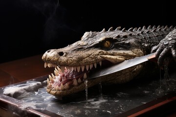Obraz premium Taxidermy crocodile head with its mouth open, being cut by a knife in a steaming tray