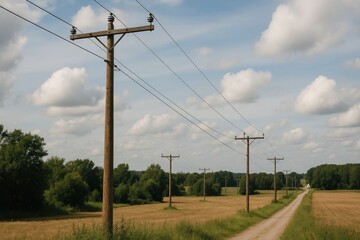 Fields sky stretching across cloudy scenic featuring series wooden traversing golden dirt road winds, rural landscape, telephone poles, power lines.