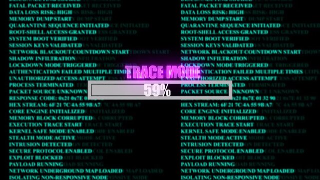 TRACE MODE glowing progress bar shows 100% percent of ransomware active background computer code programming, shows percent of malware deployed on a background of computer code programming.