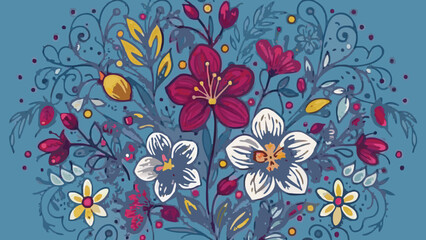 Vibrant floral pattern with colorful flowers and leaves on blue background