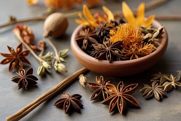 Dried flowers and star anise in an autumn