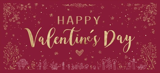 Happy Valentine's Day gold glitter greeting with floral ornament. Gold happy Valentine's Day text on a red background with decorative floral elements
