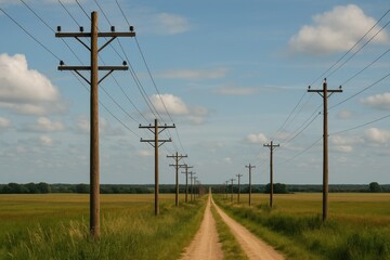 Telephone through sky lined stretching vast cloudy blue solitary dirt cuts sprawling flanked weathered wooden, poles green field, rural road.
