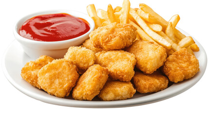 A plate of chicken nuggets and french fries with a red ketchup dipping sauce, isolated on a transparent background