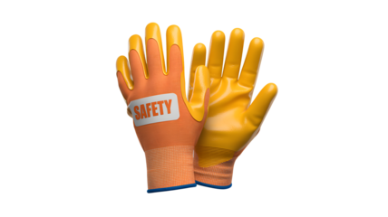 A pair of yellow and orange safety gloves on a black background
