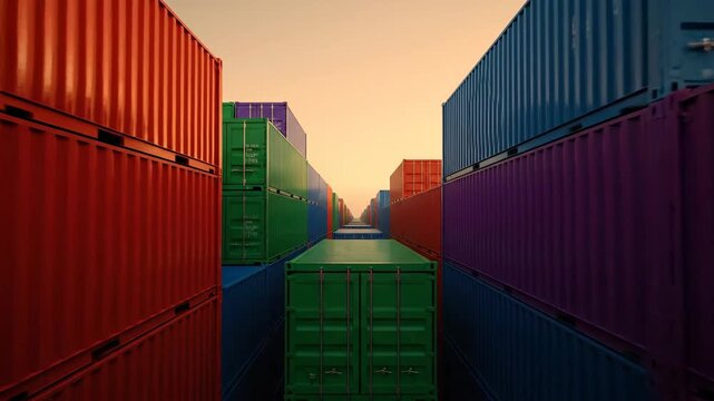 Logistics and shipping concept, rows of colorful intermodal containers in freight yard.