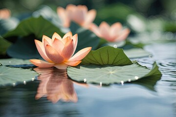 Blurry image of a peach lotus leaf on water