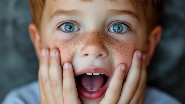 Boy playfully sticking out his tongue while covering his eyes in a close-up portrait, capturing a moment of childlike expression and spontaneity in a neutral setting