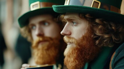 Young men wearing leprechaun hats enjoying beer at a festive gathering on a lively evening celebration