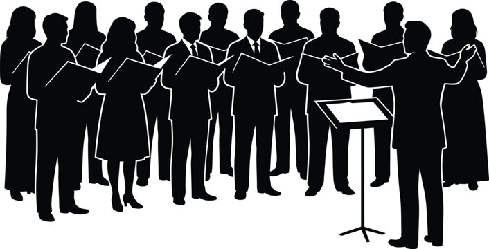 Black and white silhouette vector of a classical choir or chorus singing with a conductor directing them