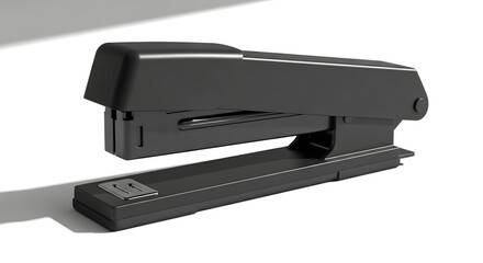 Sleek modern black office stapler rendered in high detail isolated on a bright white background showcasing essential stationery tools for organization