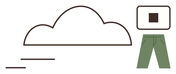 Cloud with flowing lines, green pants, and abstract square frame balancing simplicity. Ideal for sustainability, minimalism, creativity, abstract thinking, art design conceptual idea. Simple flat