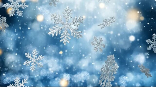 Falling snowflakes with a shimmering blue background for a wintery feel.