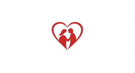 Loving couple embraces inside a vibrant red heart simple minimalist graphic design for romance and care. AI Generated