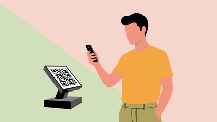 Man scanning QR code on digital display with smartphone.