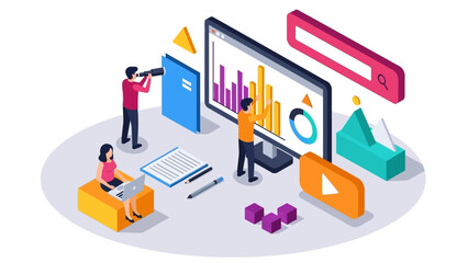 Isometric illustration of data analysis and digital marketing elements.