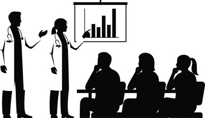 Medical Presentation Silhouette Doctors Explaining Data Chart to Audience Vector Illustration