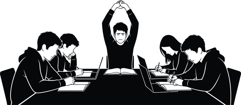 Group Study Stress and Overwork Silhouette Vector Illustration Young people working hard or cramming for exam with one burned out student
