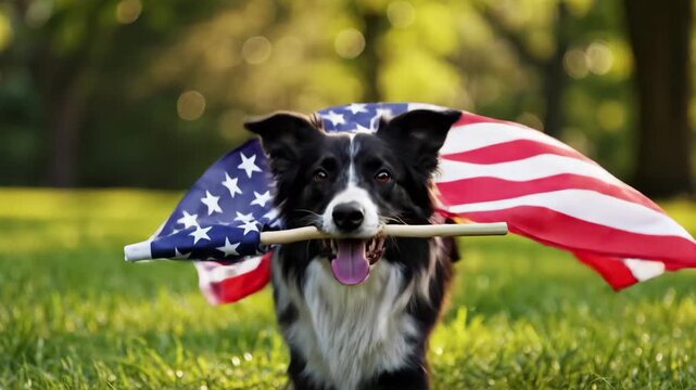 Happy border collie dog running in grass carrying american flag on stick outdoors, 4k
