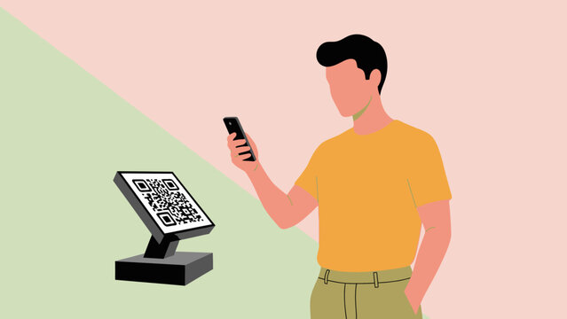 Man scanning QR code on digital display with smartphone.