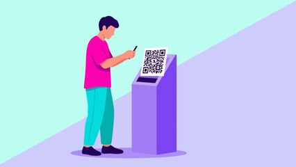 Man scanning QR code on digital kiosk with mobile phone.