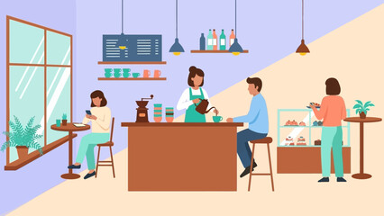 People enjoying coffee and pastries in a modern cafe setting.