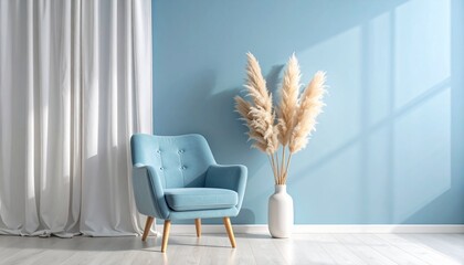 Modern Minimalist Living Room Interior With Blue Armchair And Pampas Grass