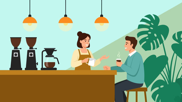 A man and woman interacting at a coffee shop counter with coffee machines.