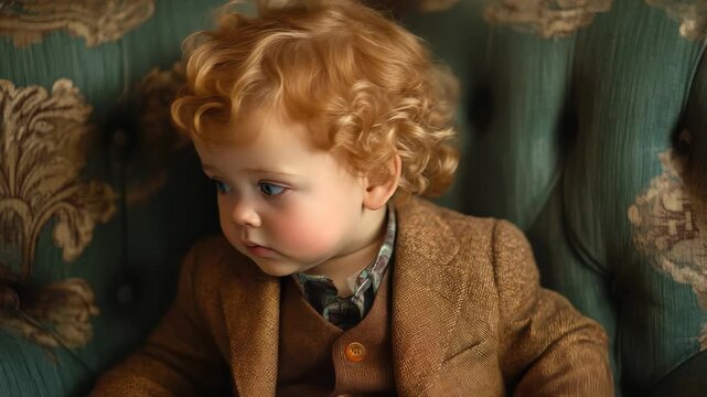 Little boy with curly hair sitting on vintage couch, dressed in elegant brown attire and looking thoughtfully at the camera in a cozy indoor setting