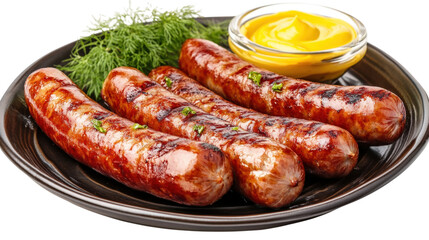 Three hot dogs are on a plate with a yellow mustard dipping sauce, isolated on a transparent background