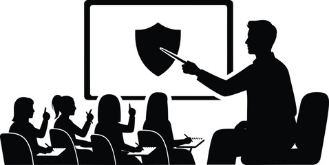 Security Training Seminar Silhouette Vector Illustration Teacher and Students Classroom Presentation