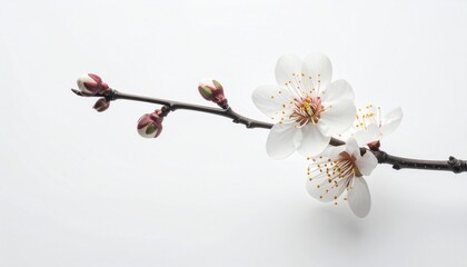 Delicate white plum blossoms on a branch with buds against a stark white background, capturing the essence of spring's gentle arrival