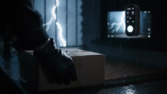 Gloves placing cardboard box during a storm with lightning and remote control, night, delivery.