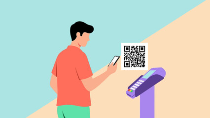 Man scanning QR code with smartphone near payment terminal.
