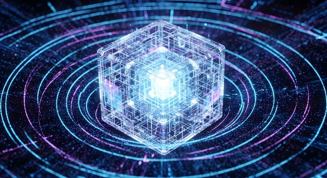 Abstract glowing blue and purple digital cube structure symbolizing artificial intelligence data processing and complex network connectivity in cyberspace visualization - Powered by Adobe