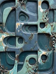 Weathered teal metal relief panel shows rusted organic shapes and peeling industrial paint