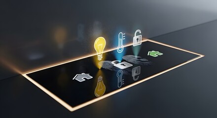 Futuristic smart home control panel displaying illuminated icons for lighting temperature and security access authenticated by a glowing digital fingerprint sensor