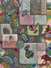 Under a microscope tardigrades and diatoms float between pastel geometric blocks and silver mesh.