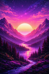 futuristic retro twilight background among the mountains